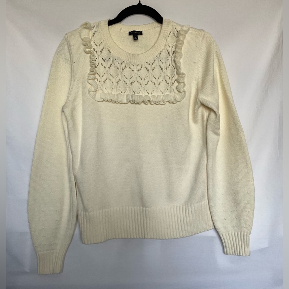 Talbots Cream Crew Neck Sweater with Elegant Lace Detail